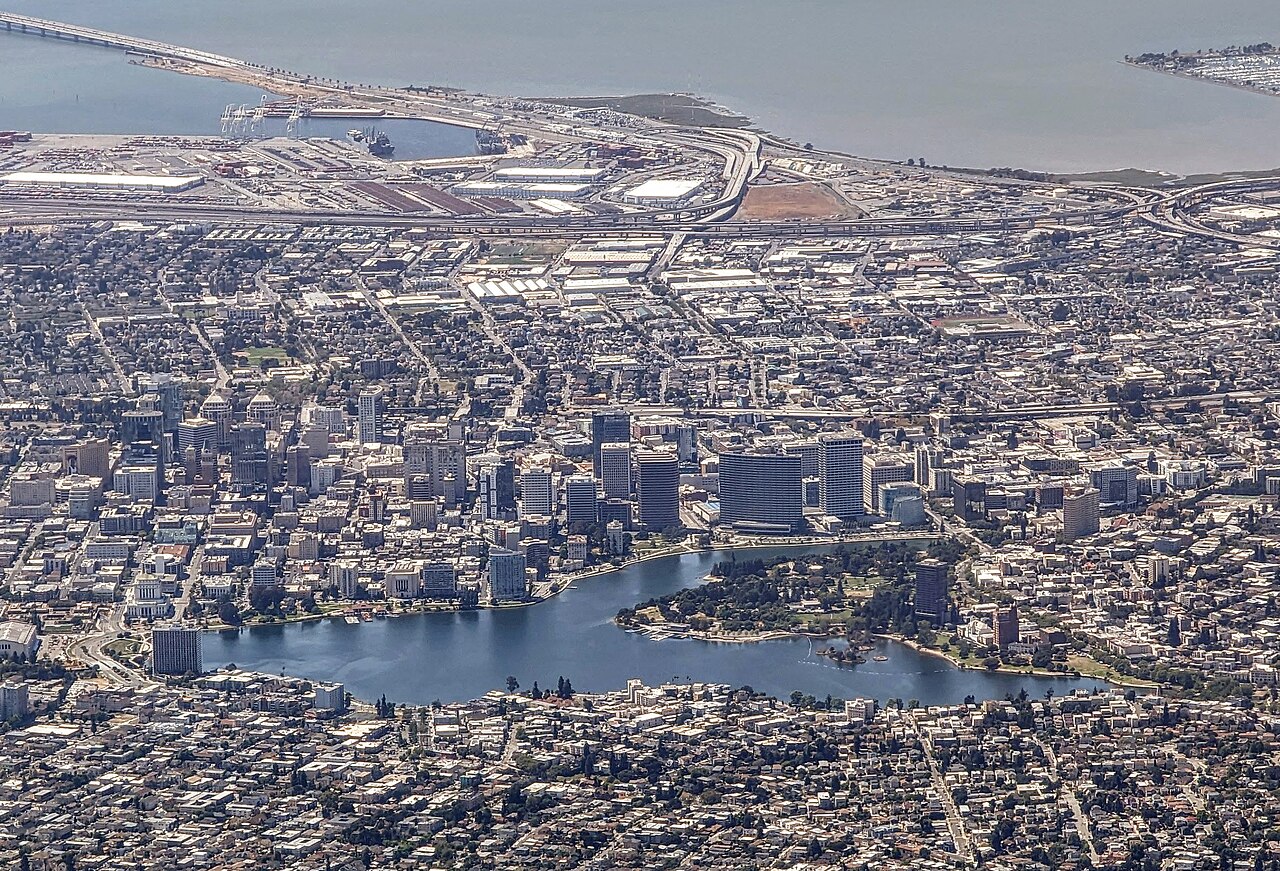 Aerial view of Lake Merritt, downtown Oakland, and the San Francisco Bay shoreline