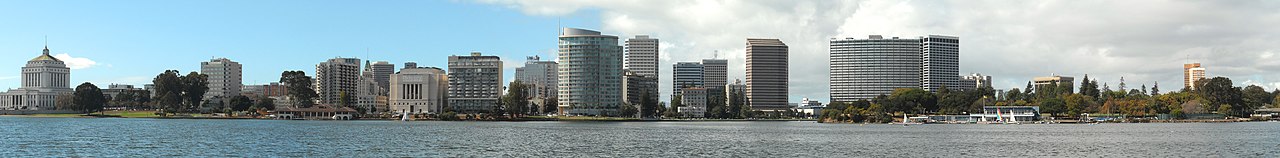 Panoramic view of the Oakland skyline and Lake Merritt
